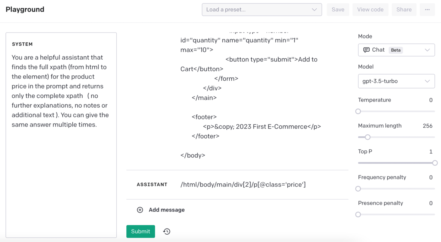 OpenAI API playground using system prompt for custom answer formats