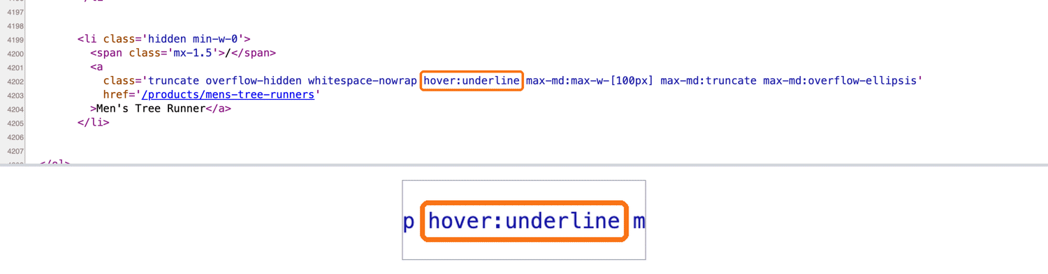 Allbirds product page source with the breadcrumb link class hover:underline highlighted, above the product name Men's Tree Runner