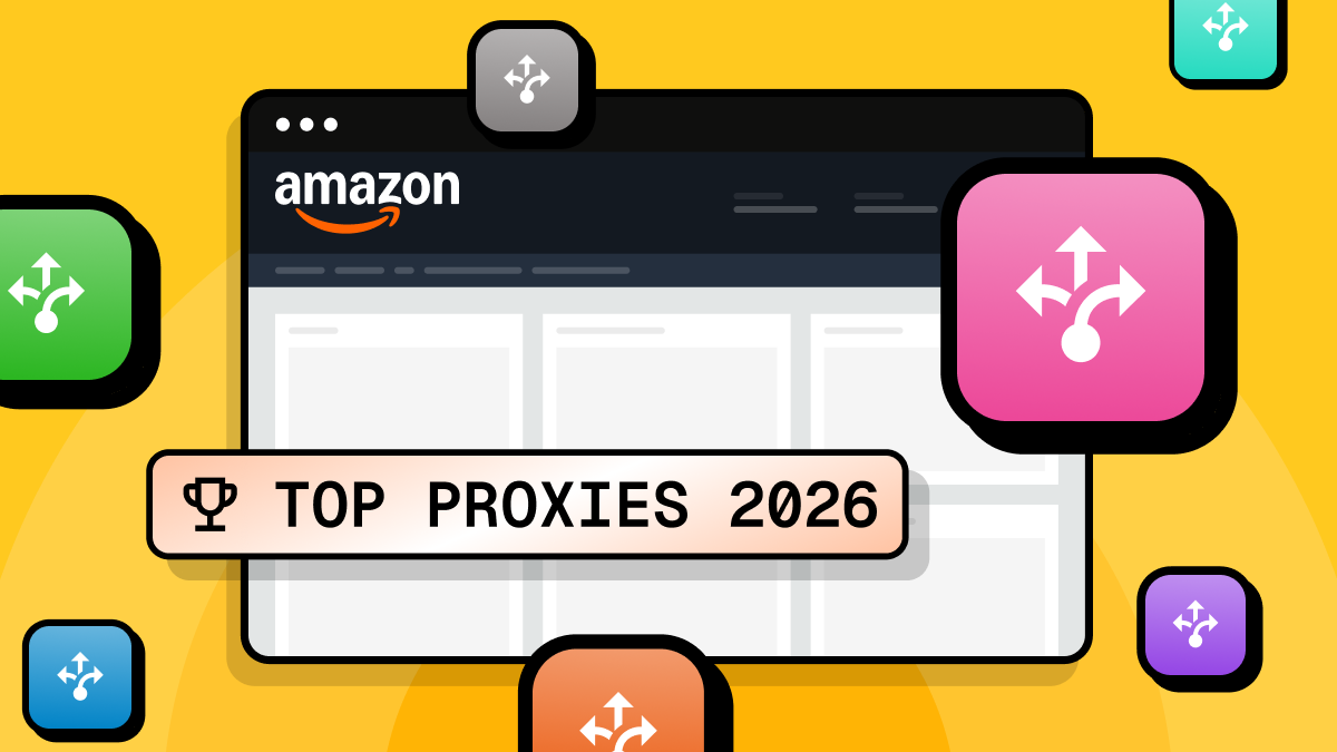 Illustrated browser window showing Amazon with a Top Proxies 2026 badge