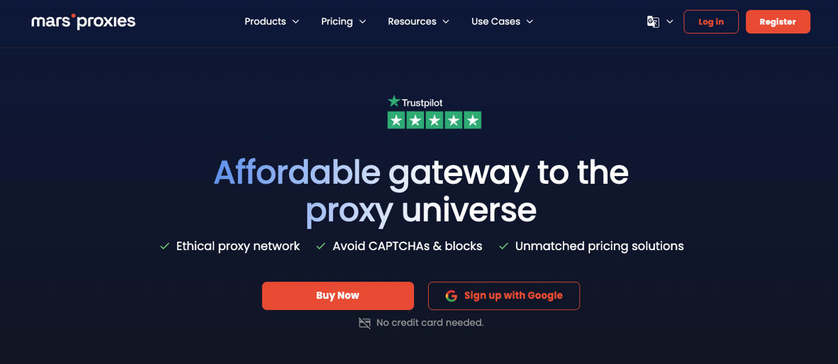 MarsProxies homepage hero: Affordable gateway to the proxy universe, with Trustpilot rating