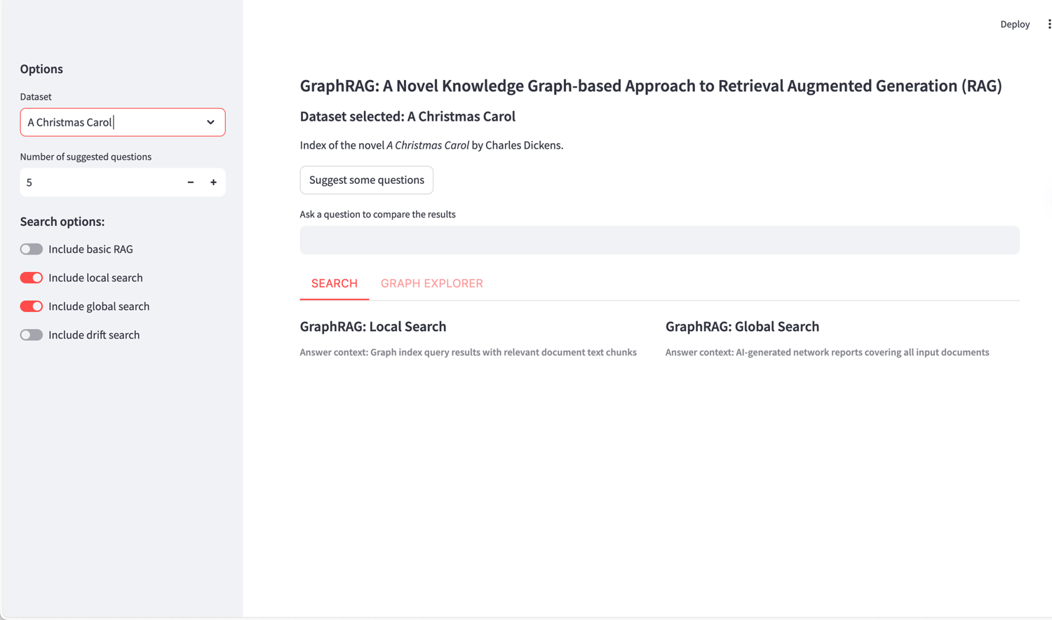 Microsoft GraphRAG demo app with dataset selector and local and global search options