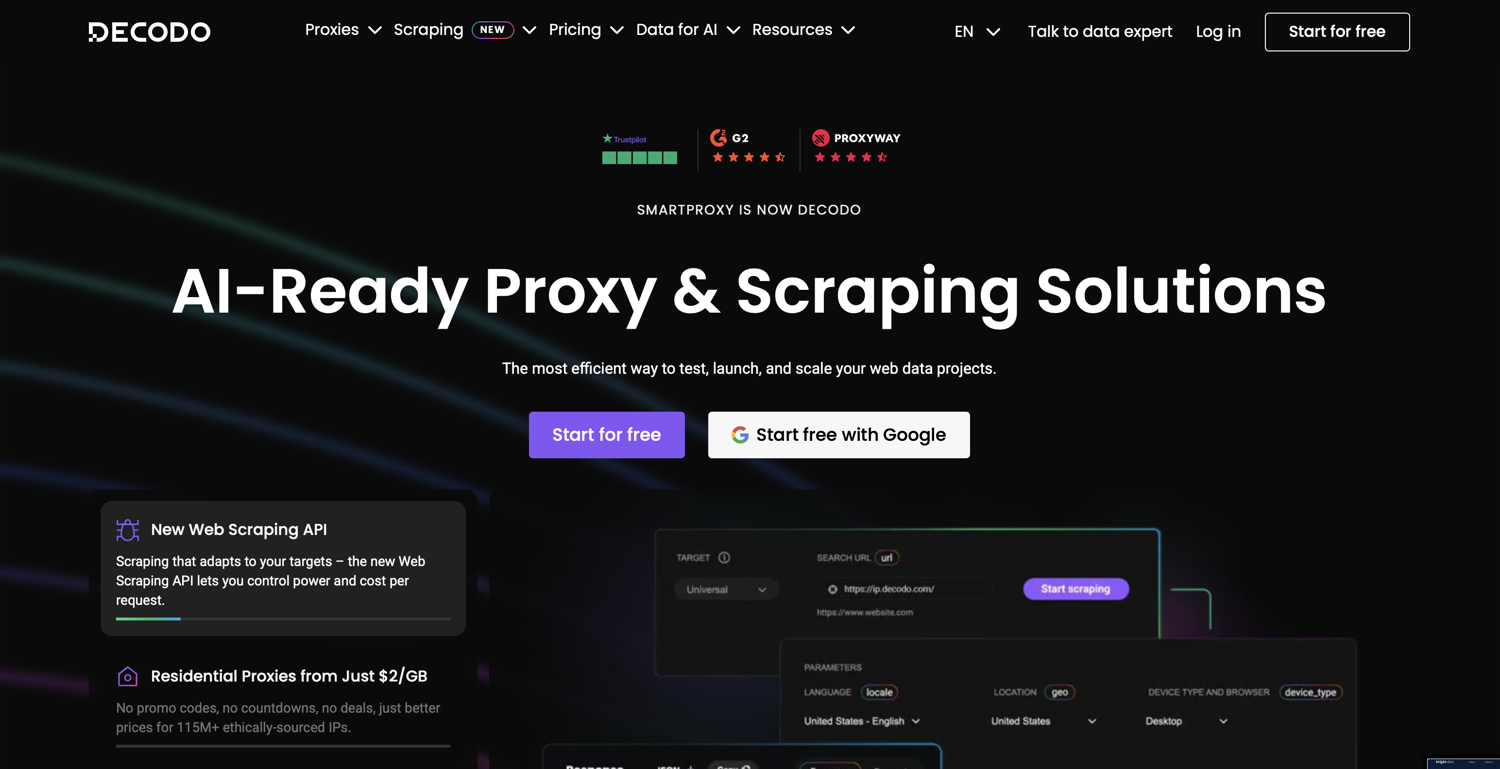 Decodo (Smartproxy) homepage
