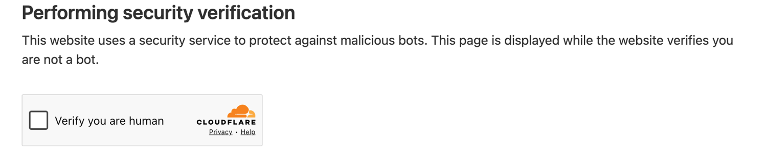 Cloudflare interstitial reading Performing security verification, with a Verify you are human checkbox, captured from a headed Playwright browser