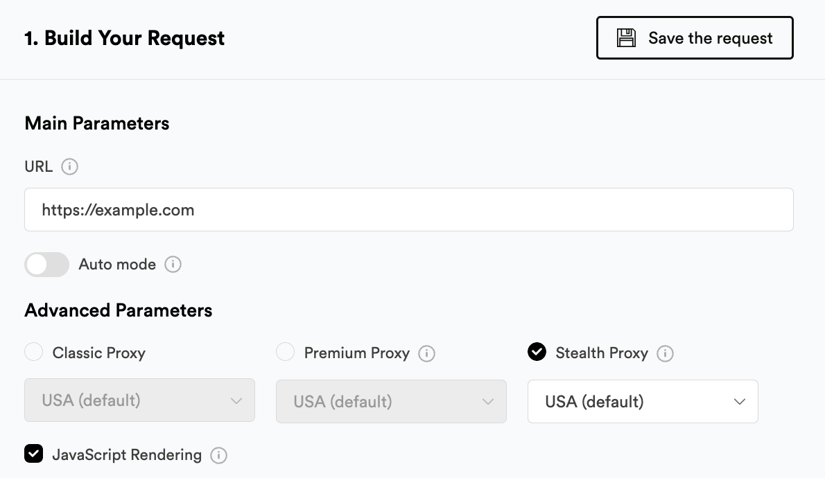 ScrapingBee HTML Playground with example.com as the URL, Auto mode off, Stealth Proxy selected, and JavaScript Rendering on