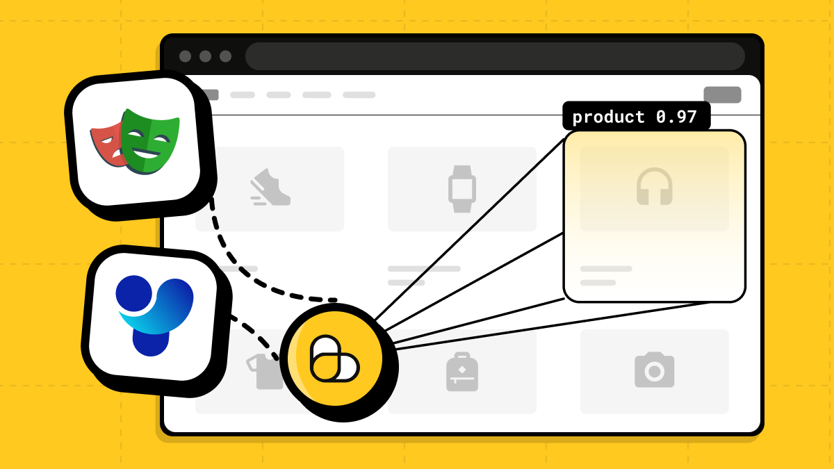 Illustration of the Playwright and YOLO logos connected to a browser window where a detection box highlights a product card