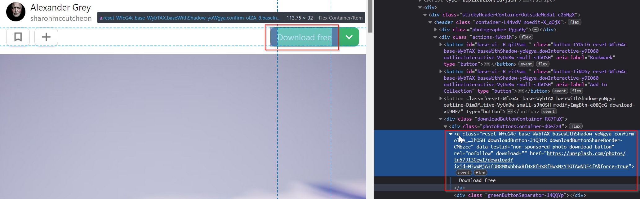 Download image button on Unsplash