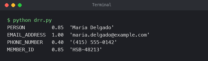 Terminal output of drr.py listing the detected person, email, phone number and member ID with confidence scores