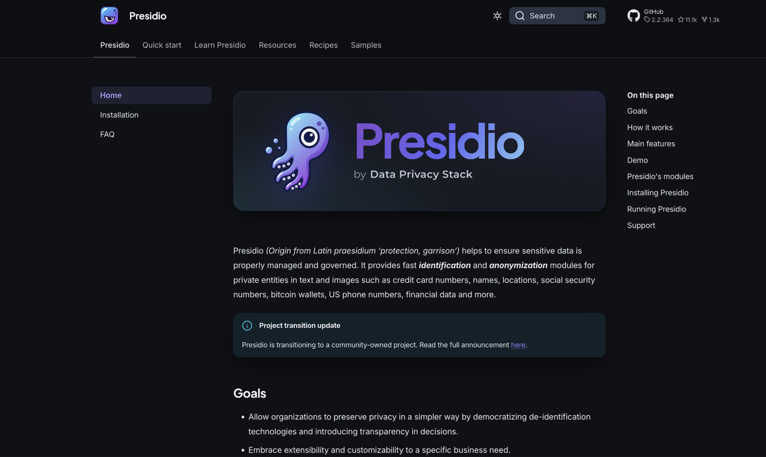 Presidio documentation home page under the Data Privacy Stack organization
