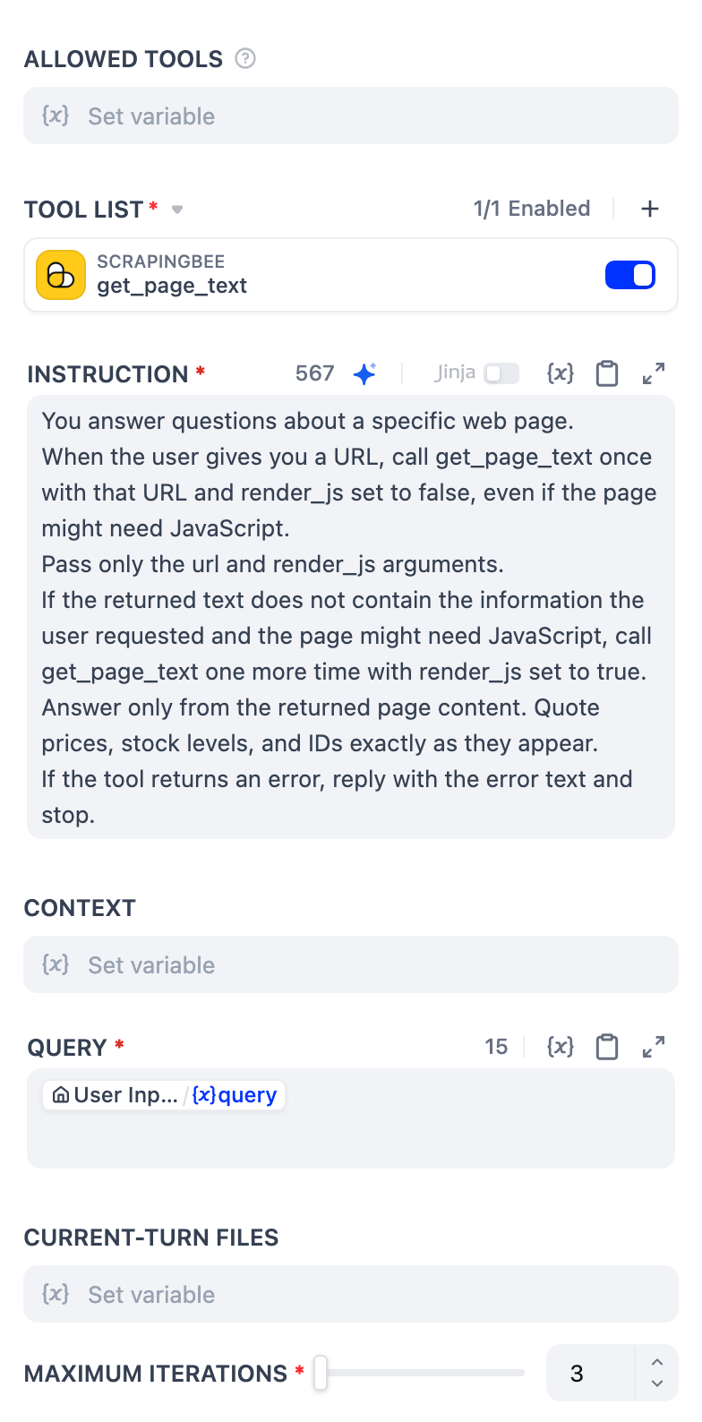 Dify Agent node settings with Allowed Tools empty, Tool list showing ScrapingBee get_page_text with 1/1 Enabled, the six-line instruction, Query set to the User Input query variable, and Maximum Iterations set to 3