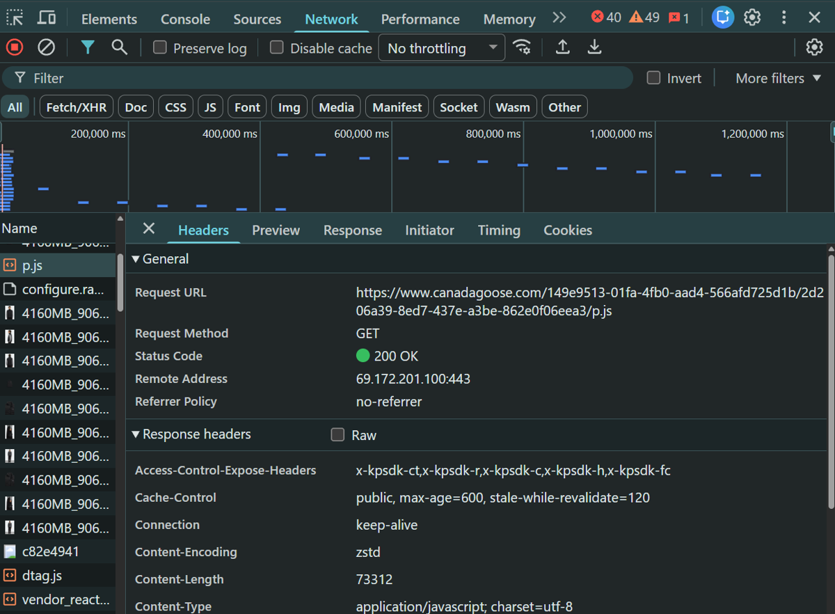 Kasada p.js collector script in the DevTools Network tab