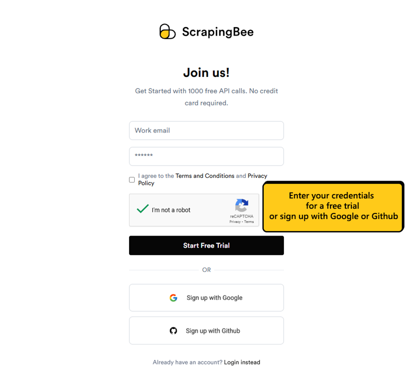 ScrapingBee registration