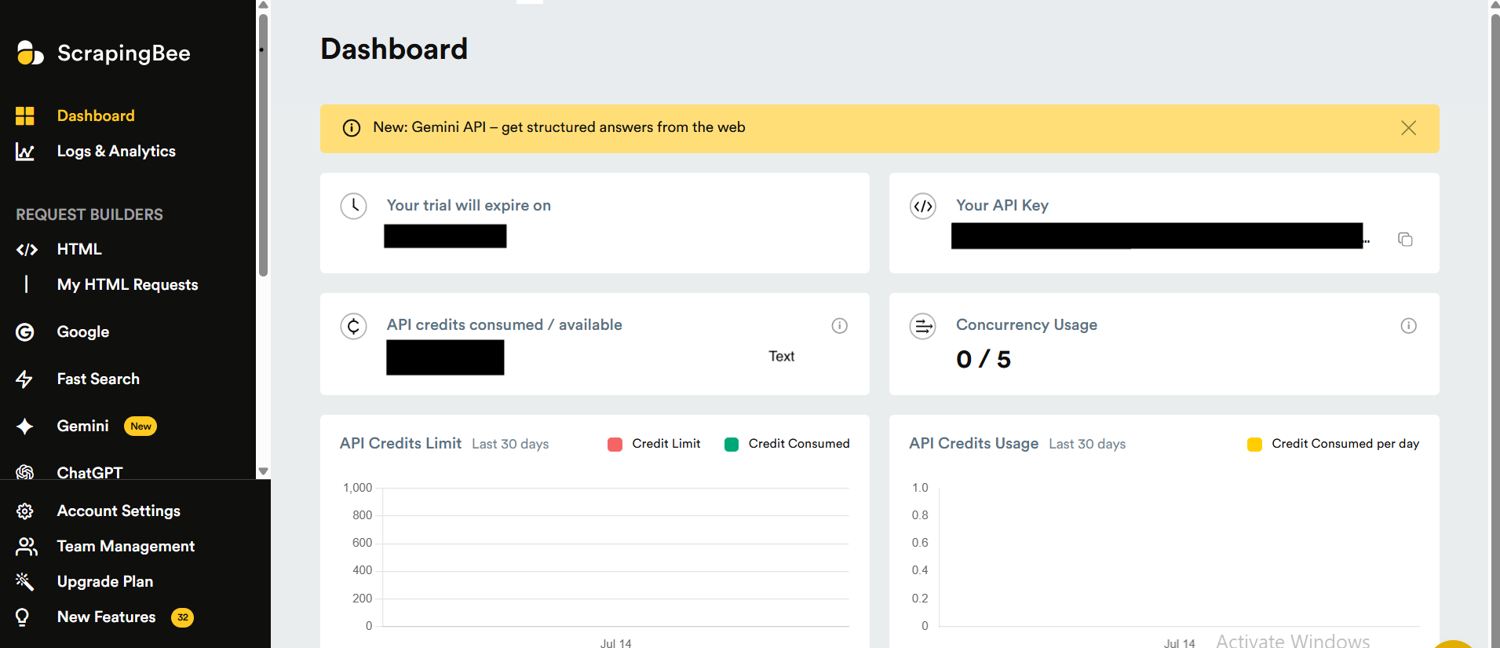 ScrapingBee dashboard