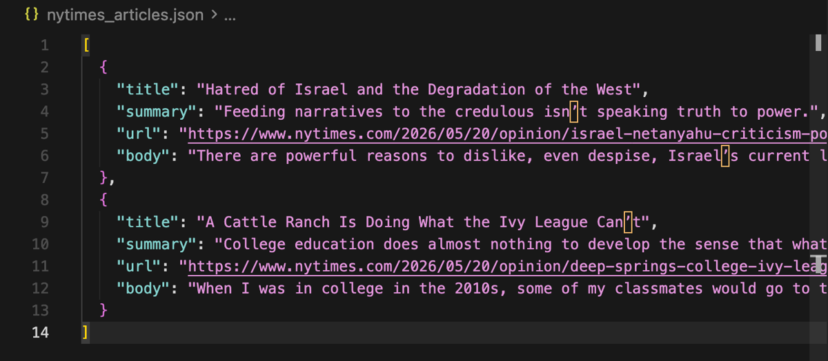 Scraped New York Times articles saved to CSV and JSON