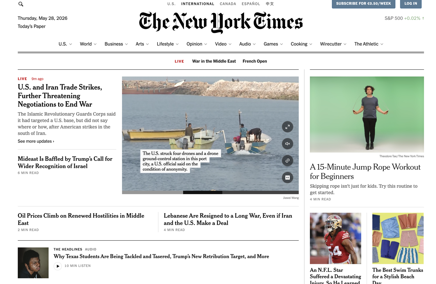 New York Times homepage covering politics, business, technology, and more