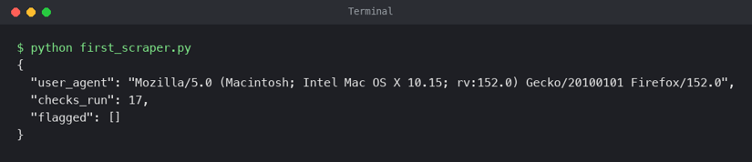First Camoufox scraper output with 17 BrowserScan checks and none flagged