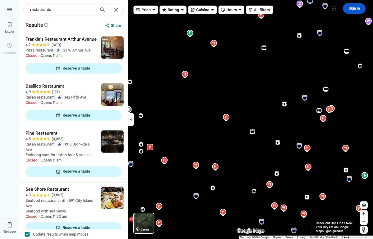 Google Maps results panel listing Bronx restaurants after panning