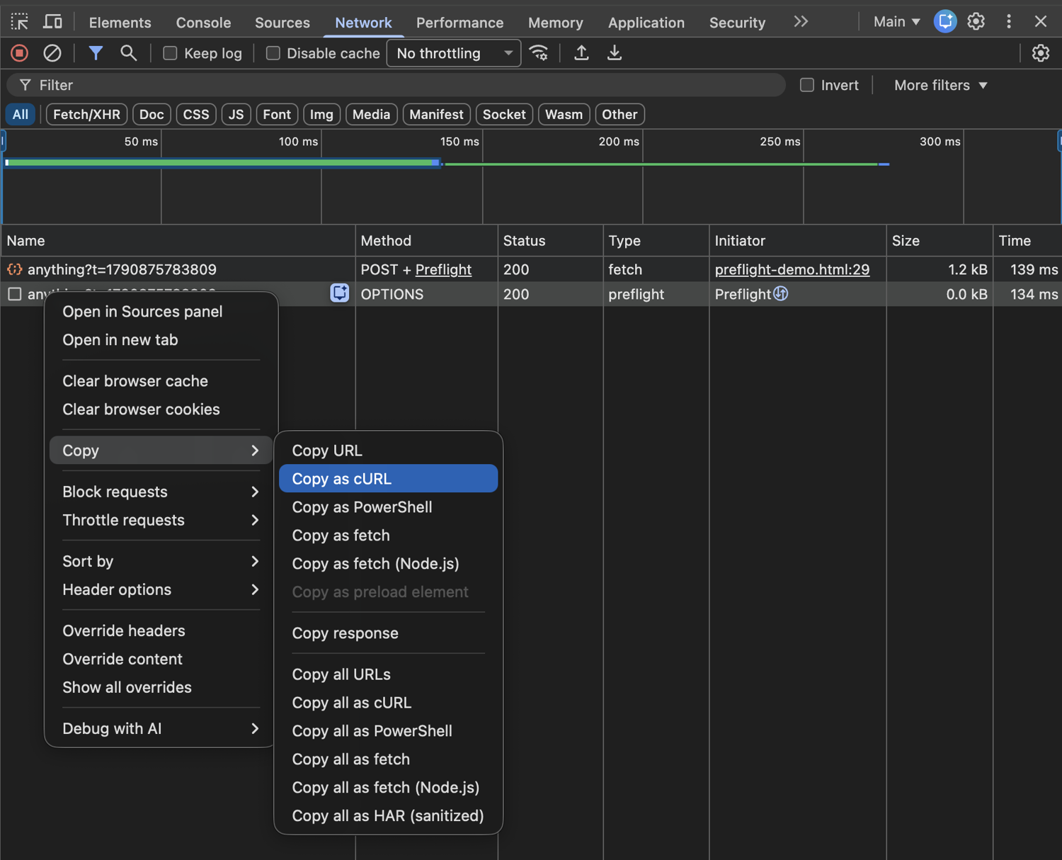 Chrome DevTools Network tab showing a POST request and its OPTIONS preflight entry, with the context menu open on Copy › Copy as cURL