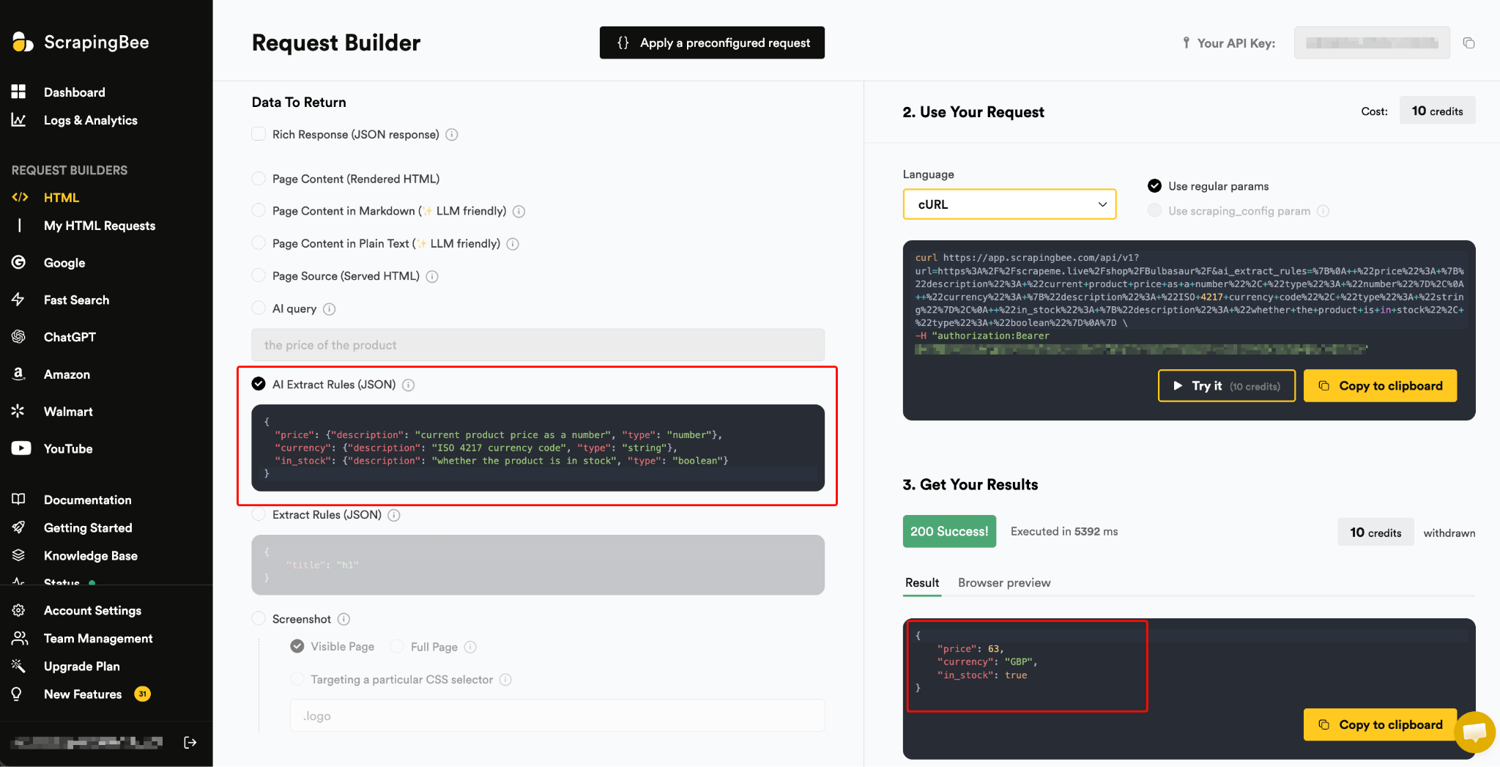 ScrapingBee's ai_extract_rules returning typed JSON (price, currency, in_stock) at 10 credits, no CSS selectors.