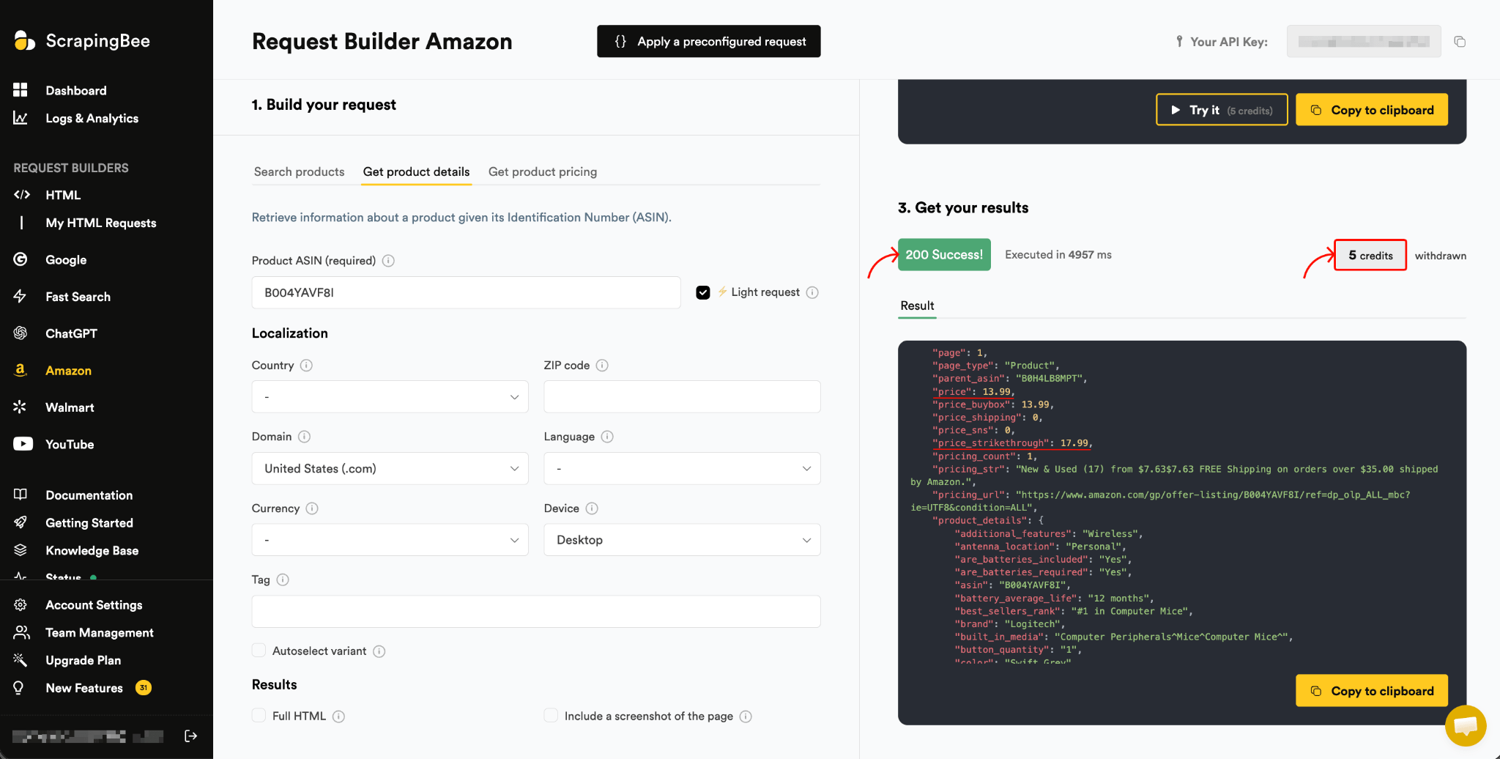 ScrapingBee's Amazon parser returning parsed price and price_strikethrough JSON for the M185, HTTP 200 at 5 credits, no selectors.