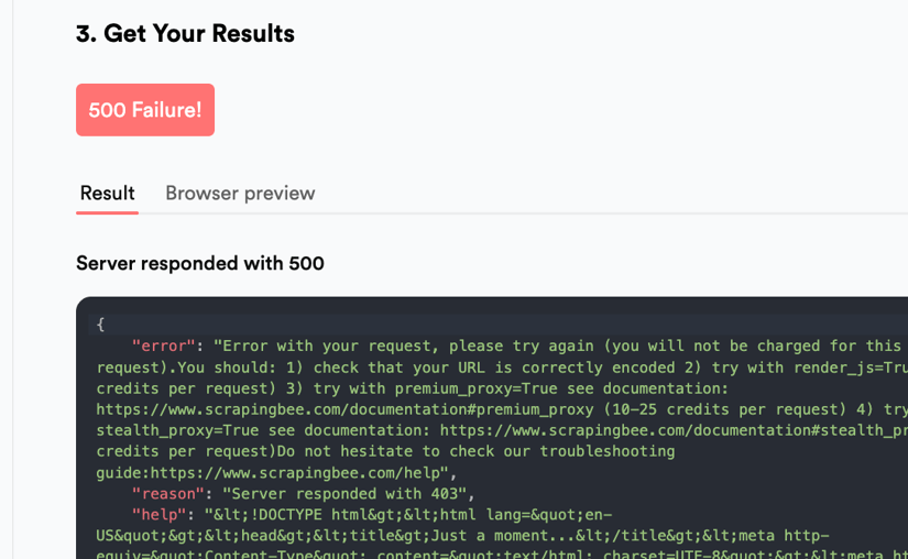 Classic proxy on the Cloudflare-challenge page: an HTTP 500 whose body is Cloudflare's Just a moment block, not the product page.
