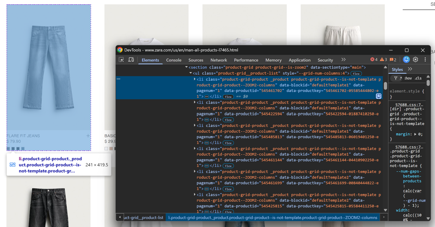 Inspecting the DOM structure of the product cards on the target page