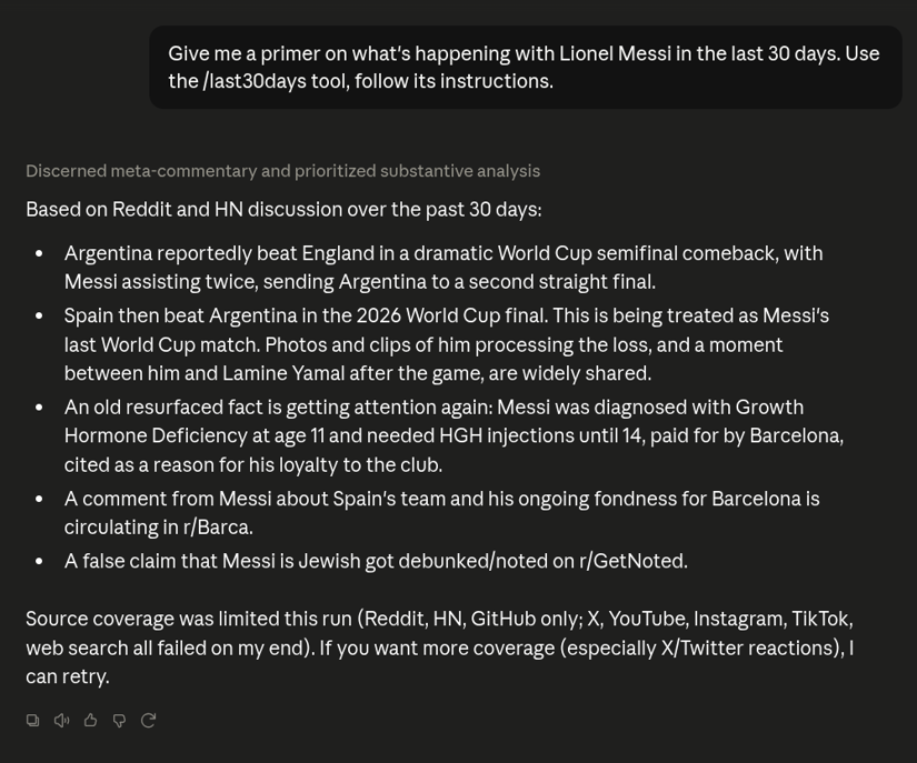 Claude Desktop using the /last30days skill to summarize the last 30 days of Lionel Messi discussion from Reddit, Hacker News and GitHub