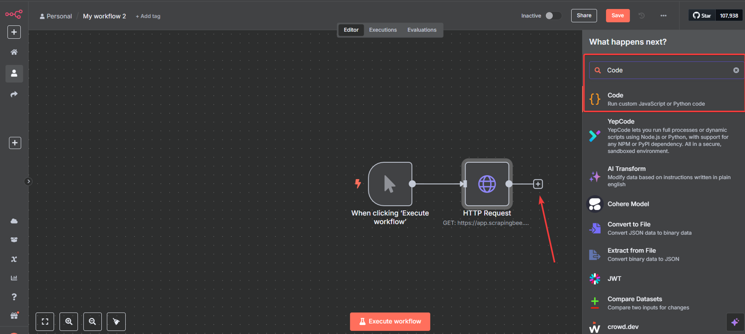 n8n canvas showing Code node added after the first HTTP Request node