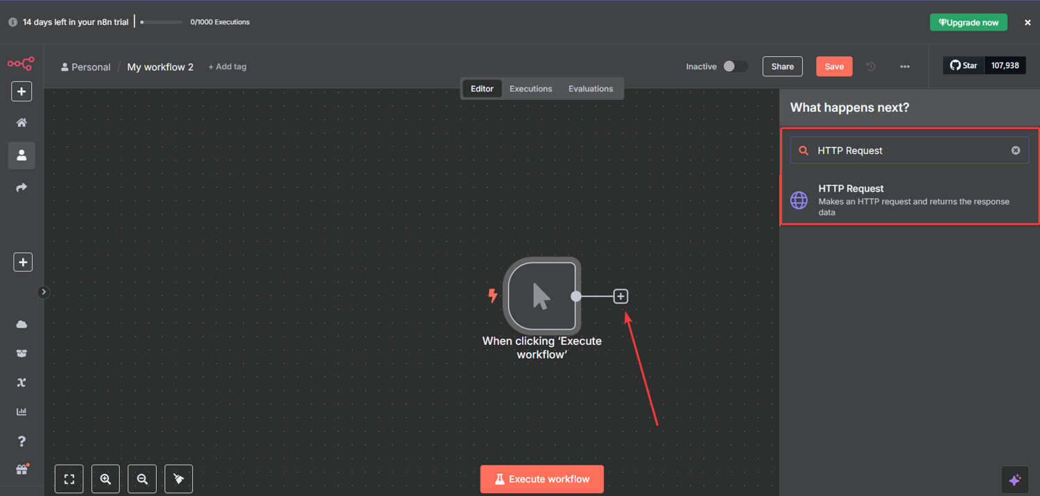 n8n canvas showing HTTP Request node added after Manual Trigger node