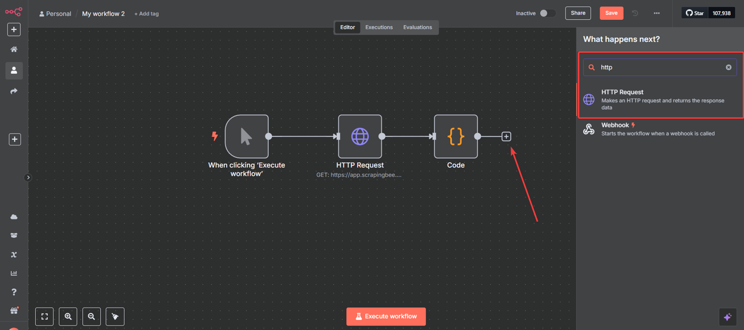 n8n canvas showing second HTTP Request node added after the Code node to complete the 4-node workflow
