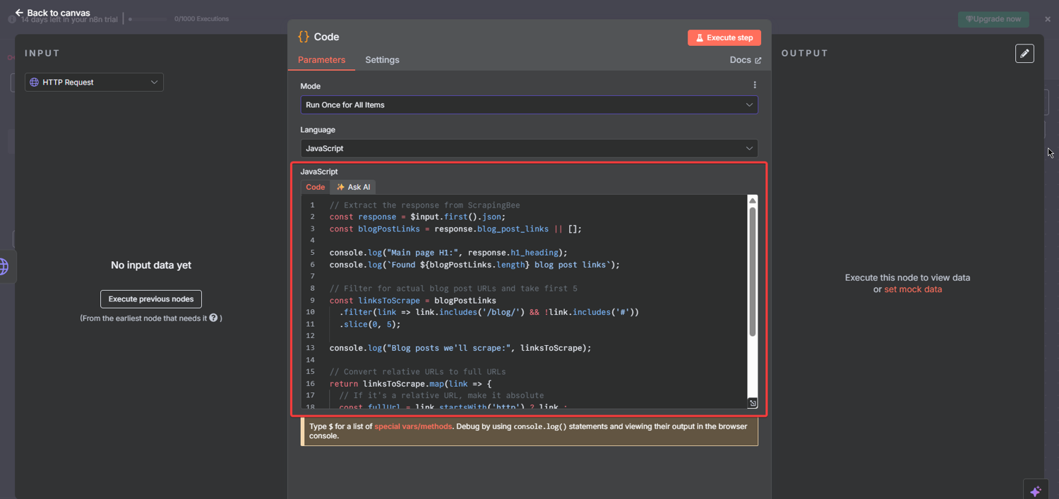 n8n Code node editor showing the JavaScript code for processing ScrapingBee response and extracting blog post links