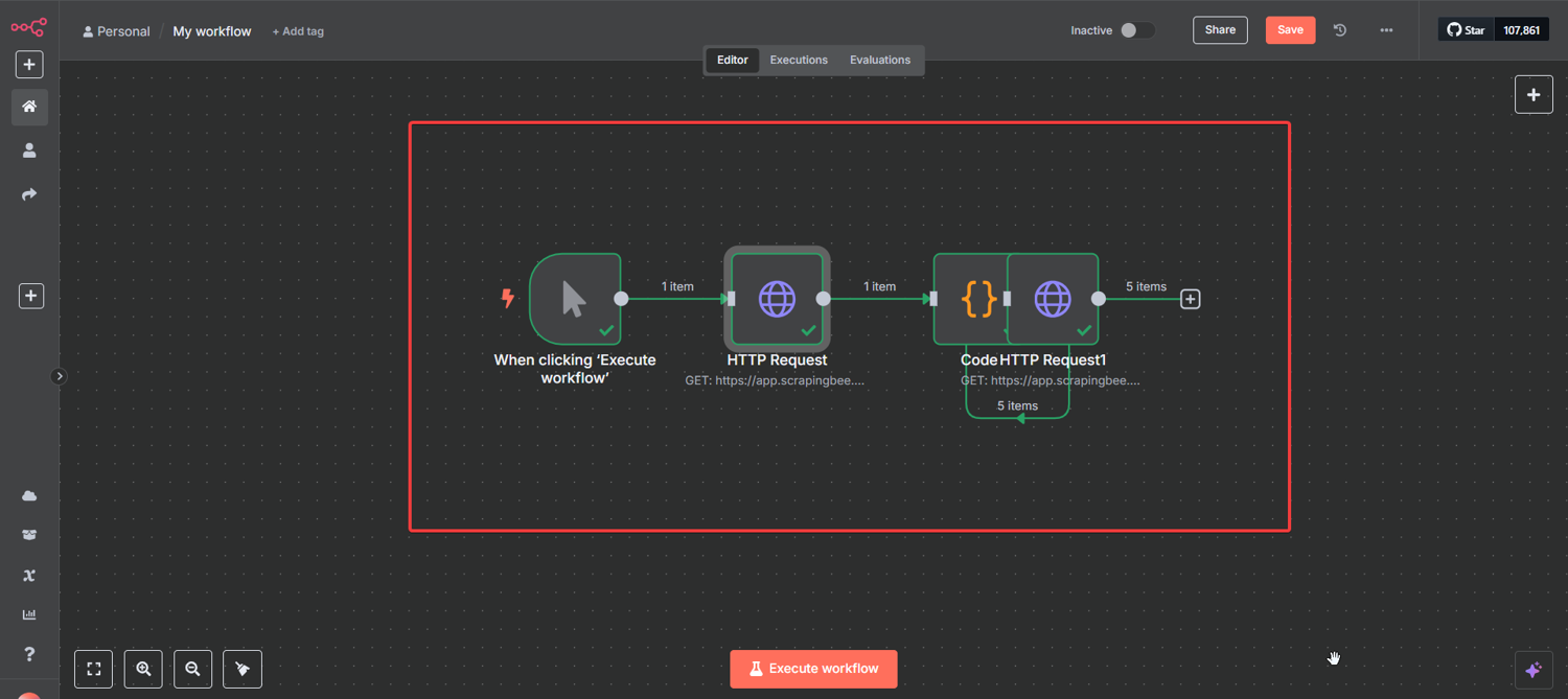 Complete n8n workflow showing all 4 nodes connected in sequence: Manual Trigger, HTTP Request, Code, and second HTTP Request
