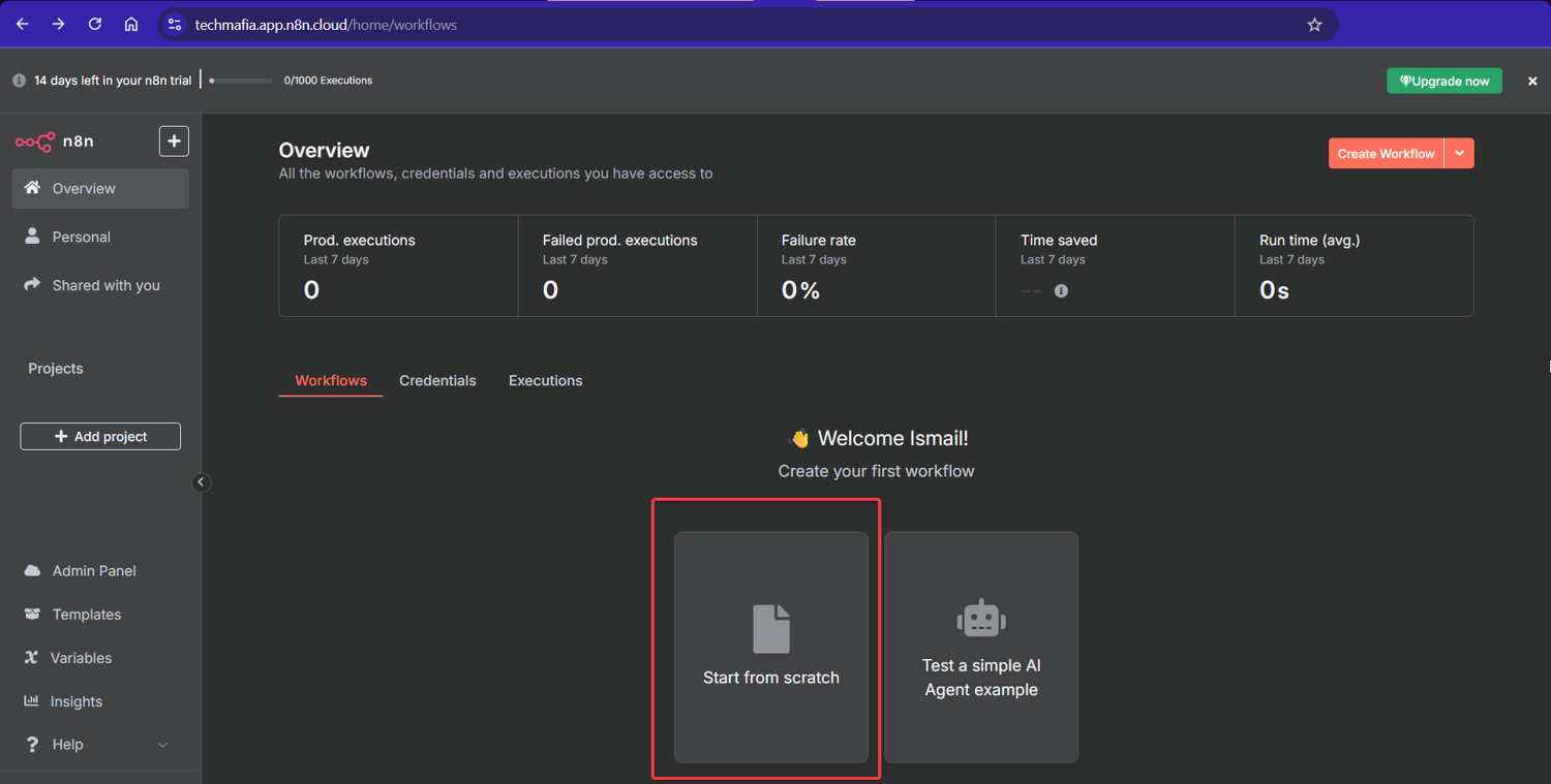 n8n dashboard showing the Start from scratch option to create a new web scraping workflow