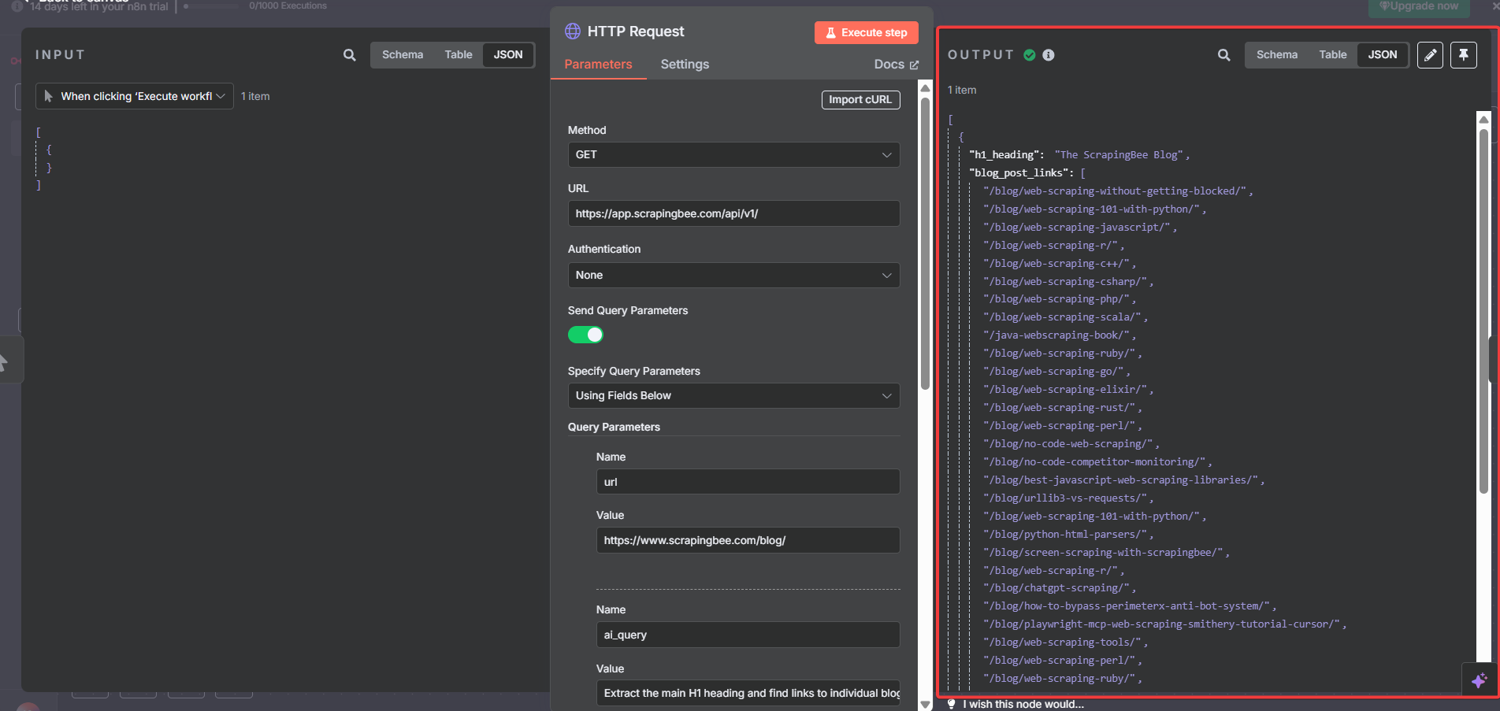 n8n first HTTP Request node output showing extracted H1 heading and array of blog post links