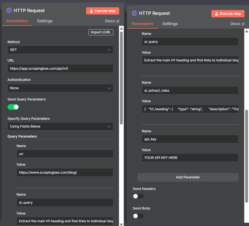 n8n HTTP Request node showing all settings and four query parameters for ScrapingBee API integration