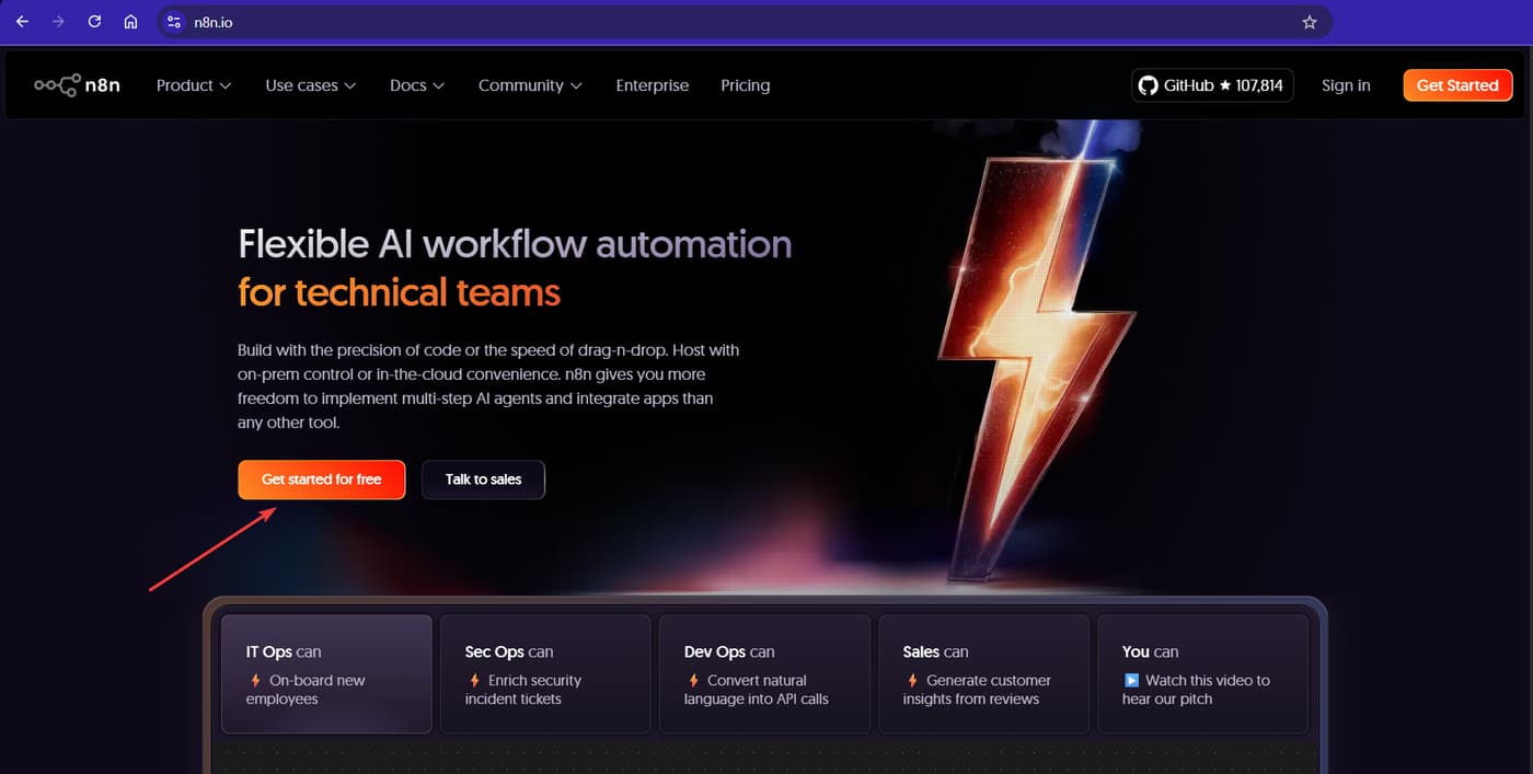 n8n cloud signup page showing the Get started for free button