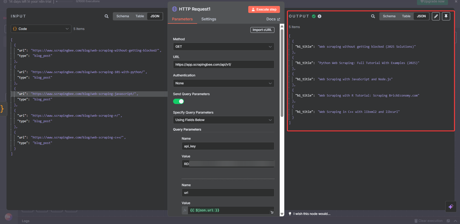 n8n second HTTP Request node showing 5 separate items with H1 titles extracted from individual blog posts