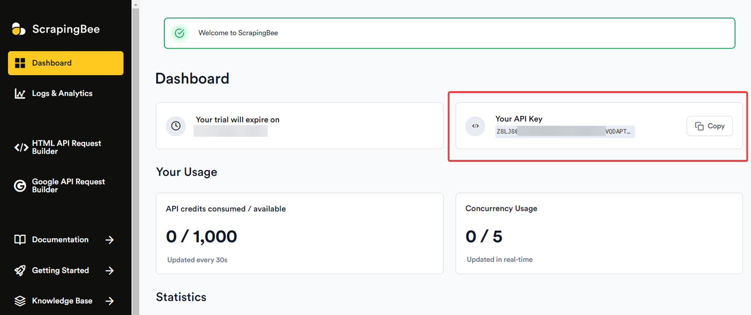 ScrapingBee dashboard showing the API key location