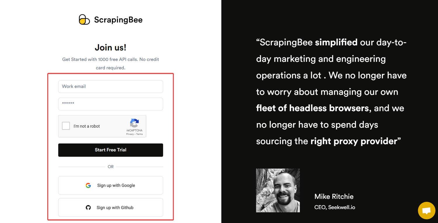 ScrapingBee free trial signup banner