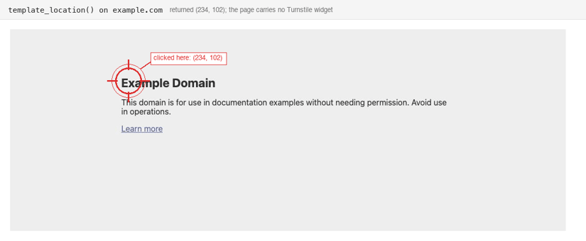 The example.com page with a red crosshair marking the coordinates template_location returned. The page shows only a heading, 2 lines of text and a link, with no checkbox or challenge widget present.