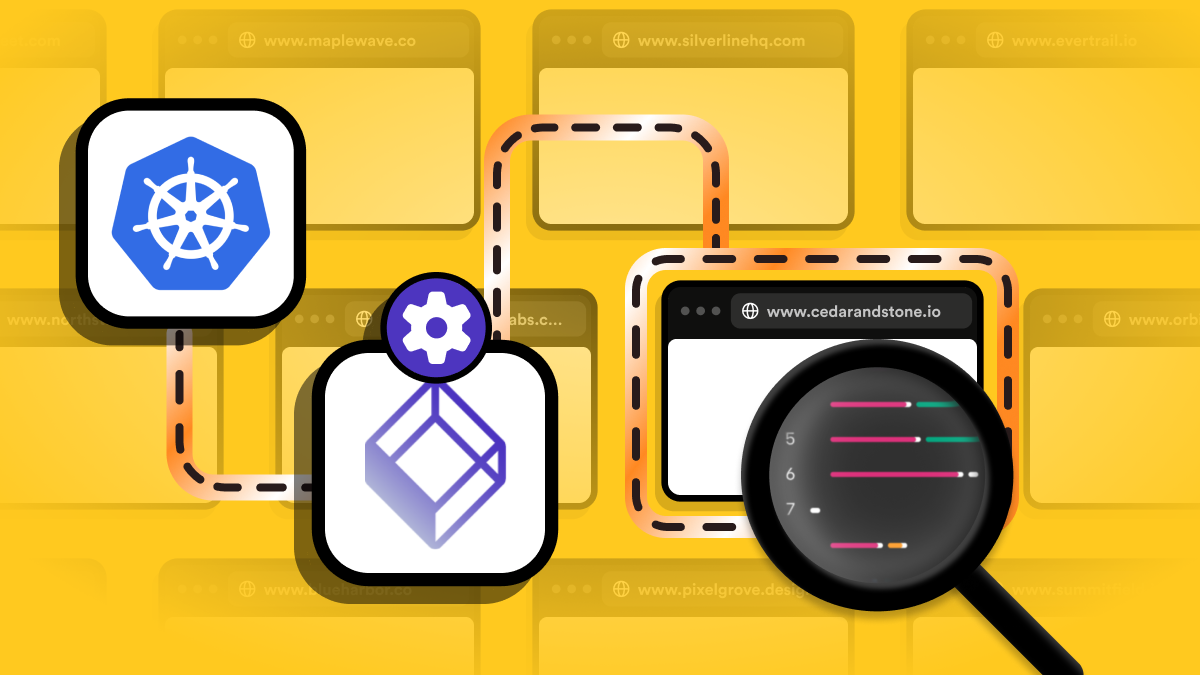 Illustration of the Kubernetes and Testkube logos linked by a dashed path to a browser window under a magnifying glass