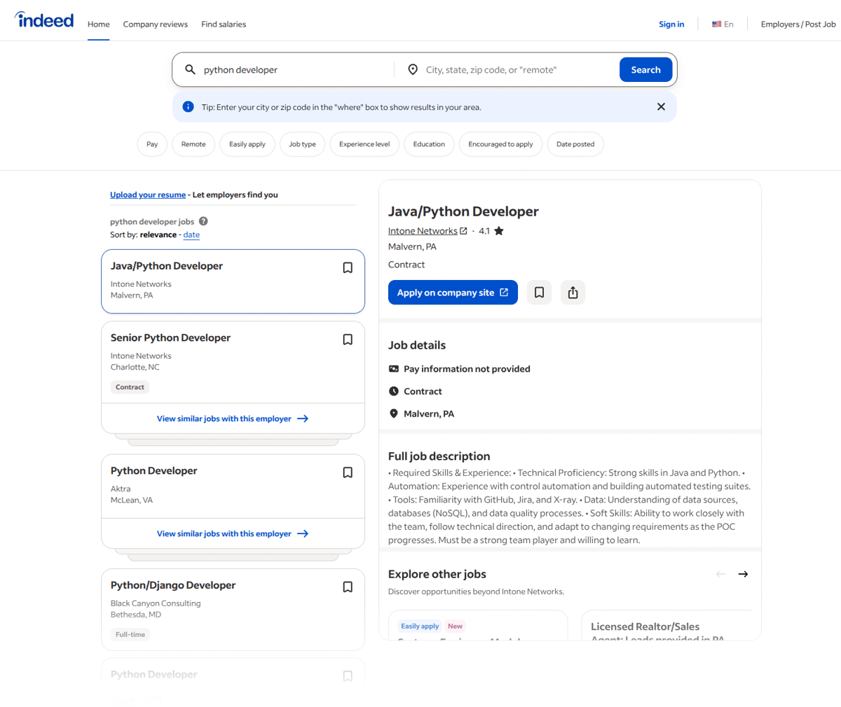 The Indeed search page returned through the ScrapingBee API, showing Python developer listings and a job's details