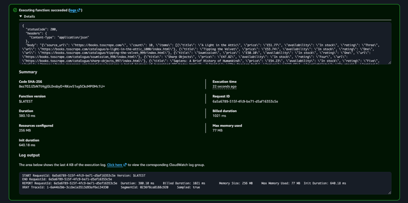 CloudWatch log stream for the Lambda scraper function