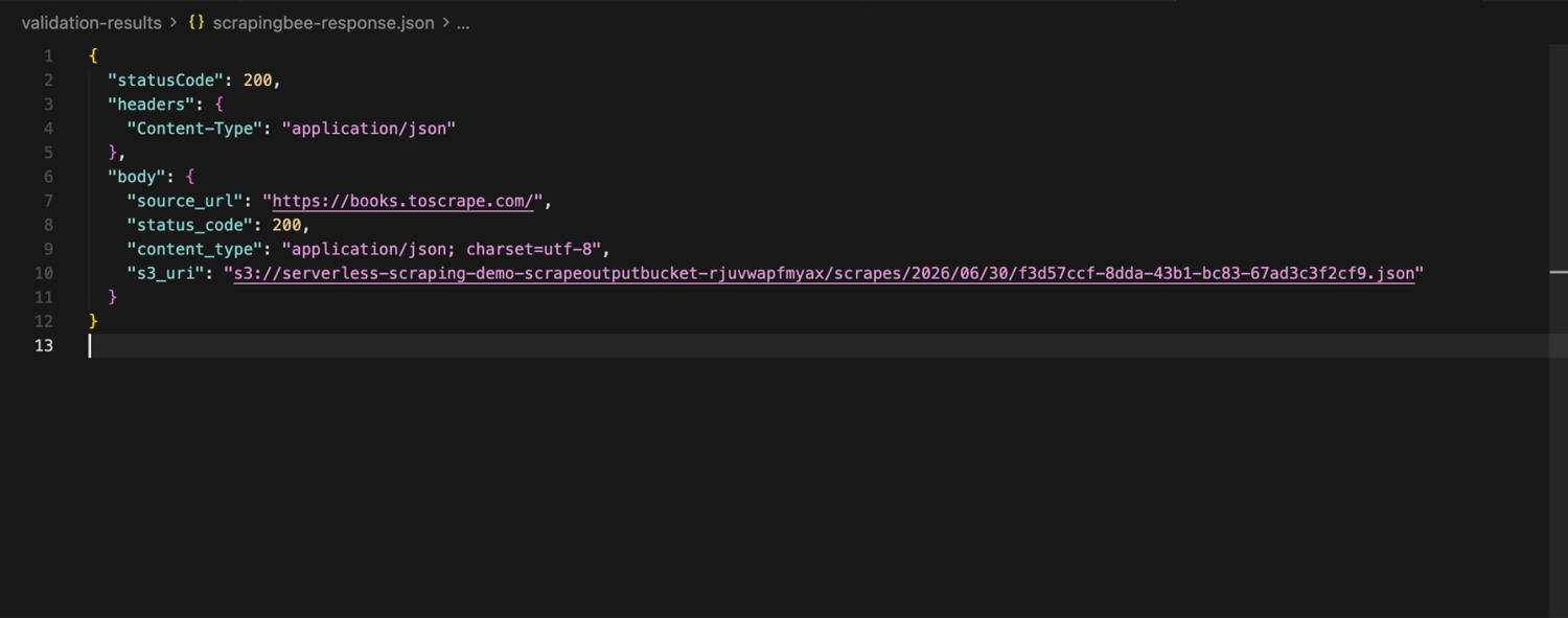 ScrapingBee Lambda response showing statusCode 200 and an s3_uri