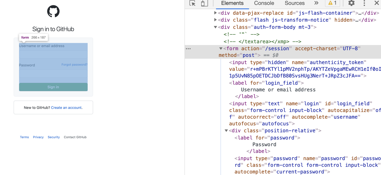 GitHub login page with DevTools open