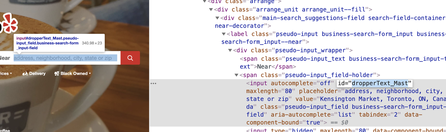 Yelp devtools showing find_desc input id