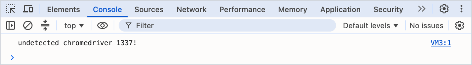Chrome DevTools Console tab for example.com with one message, undetected chromedriver 1337!, from the source VM3:1, and No issues in the toolbar