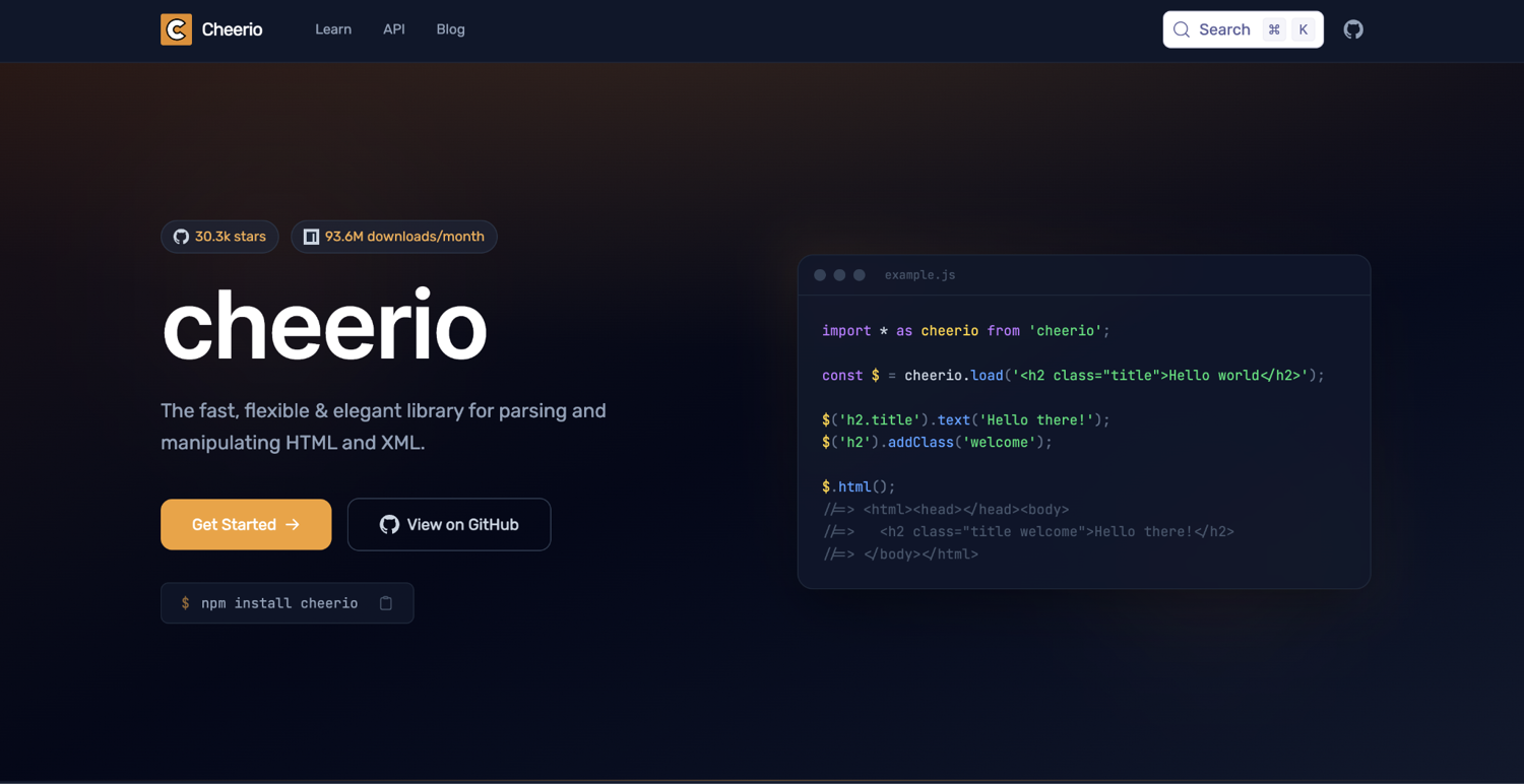 Cheerio npm package page