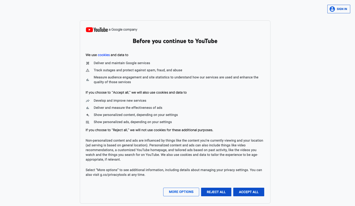 cookie consent YouTube