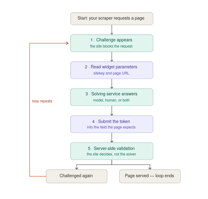 Numbered five-step diagram of the CAPTCHA solving loop, from the site presenting a challenge through to server-side validation either serving the page or challenging again.