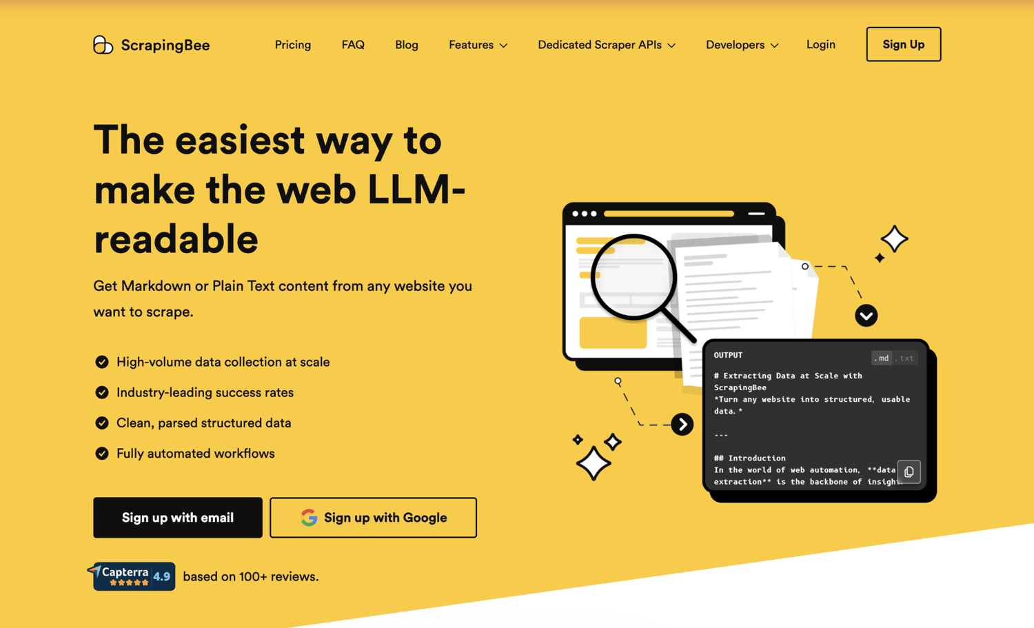 ScrapingBee's web scraping API turns any website into LLM-readable Markdown or plain text